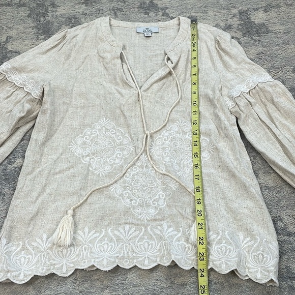 We Are Kindred Linen Blend Embroidered Long Sleeve Top Cream Coastal Boho Sz 2 - Picture 7 of 9
